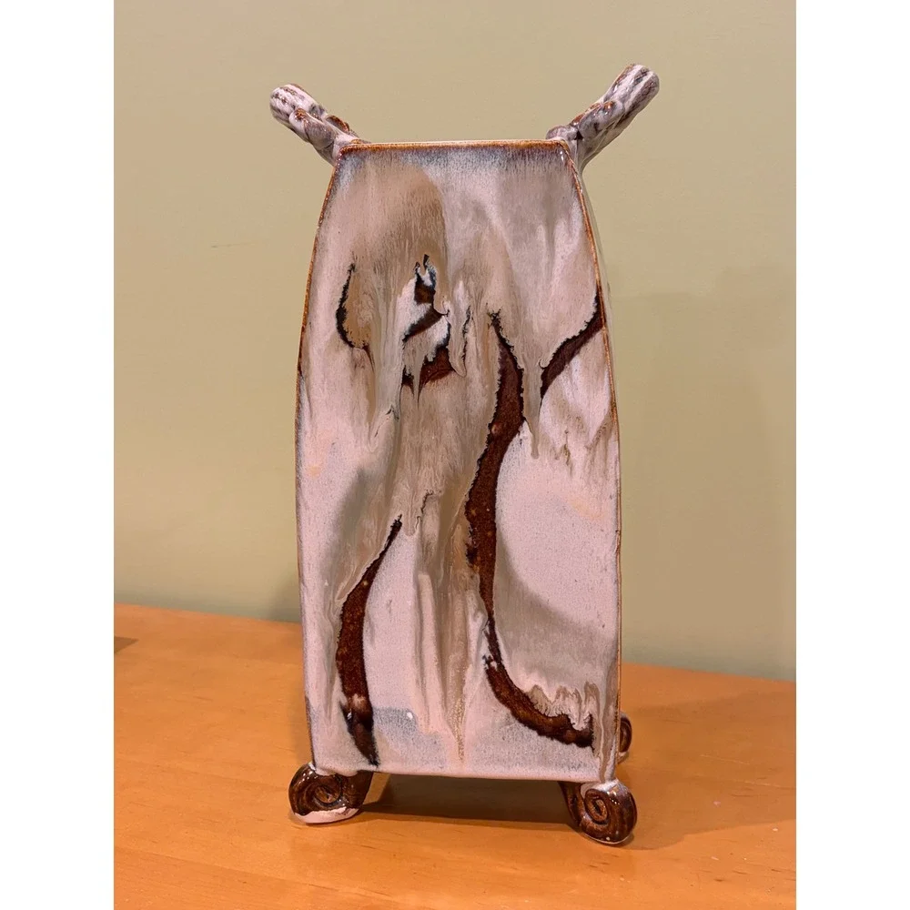 Soden Studio Pottery Large Footed Rectangular Vase Drip Glaze Signed 15.5